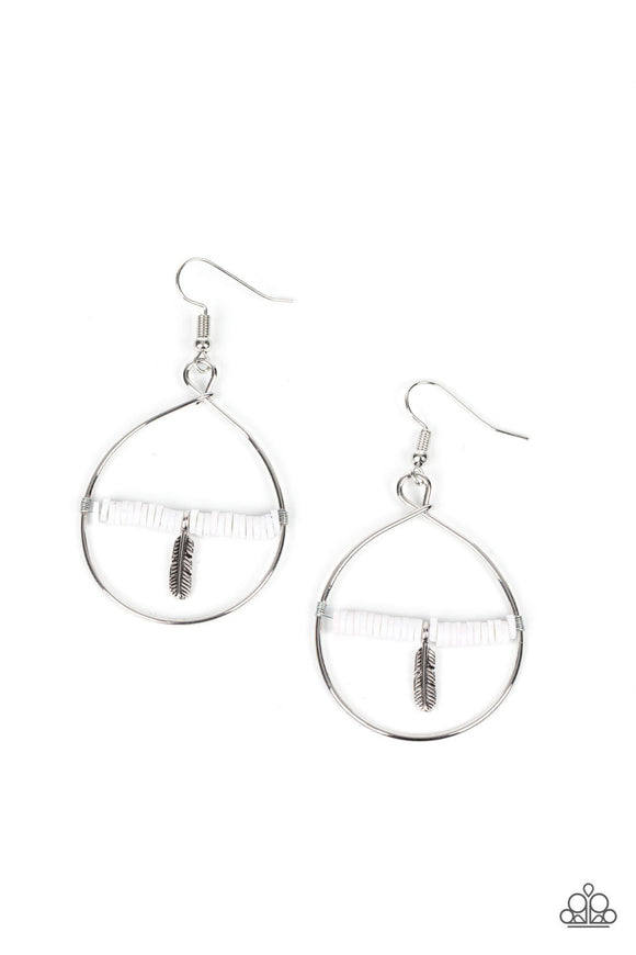 Infused with a dainty silver feather charm, a dainty row of rubbery white discs are threaded along a metallic rod inside an airy silver hoop for a free-spirited fashion. Earring attaches to a standard fishhook fitting.  Sold as one pair of earrings.