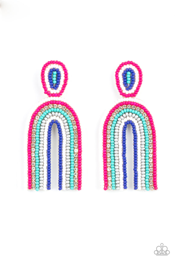 Infused with a single row of glassy white rhinestones, dainty strands of white, pink, turquoise, silver, and blue seed beads stack into a colorful rainbow at the bottom of a matching seed beaded fitting. Earring attaches to a standard post fitting.  Sold as one pair of post earrings.
