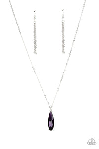 Encased in a sleek silver fitting, an elongated purple teardrop gem swings from the bottom of a classic silver chain below the collar for a timeless elegance. Features an adjustable clasp closure.  Sold as one individual necklace. Includes one pair of matching earrings.