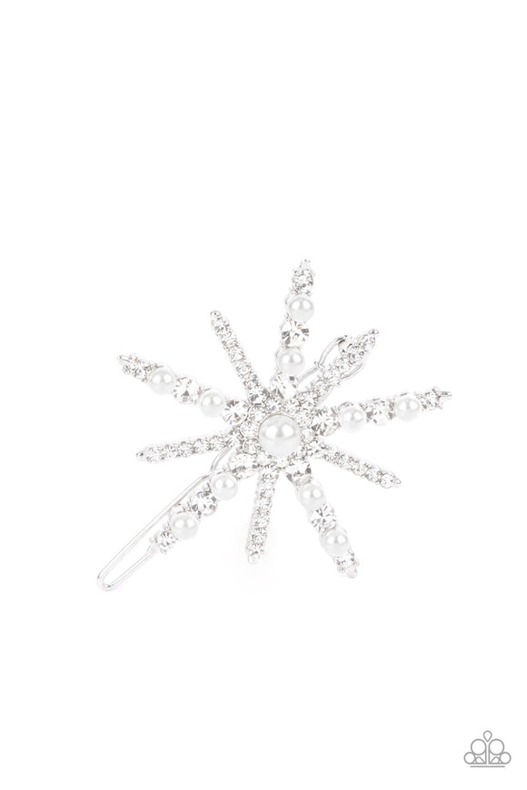 Featuring a dainty pearl drop center, a bubbly collection of dainty pearls and glassy white rhinestones encrust the front of a silver star shaped frame for a stellar finish. Features a clamp barrette closure.  Sold as one individual barrette.