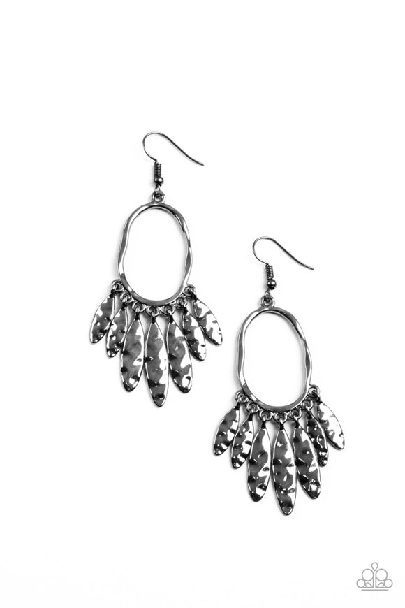 A tapered fringe of hammered gunmetal oval frames swing from the bottom of a hammered oval hoop, creating a musical fringe. Earring attaches to a standard fishhook fitting.  Sold as one pair of earrings.