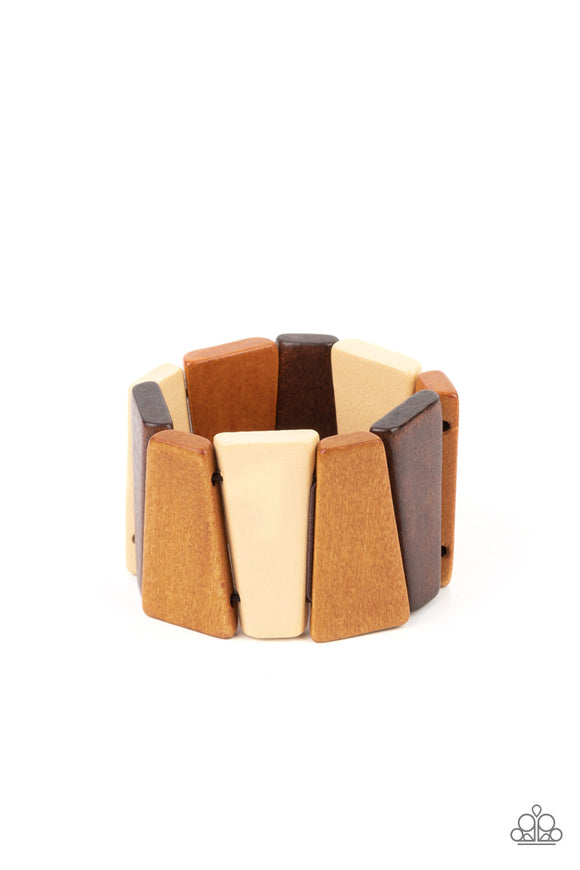 Tinted in various shades of brown, chunky triangular wooden frames are threaded along stretchy bands around the wrist for an earthy look.  Sold as one individual bracelet.