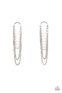 Elegant trestles of dainty white pearls and shimmery silver chains cascade from the bottom of a silver half moon frame, creating a vintage inspired glamour. Earring attaches to a standard post fitting.  Sold as one pair of post earrings.