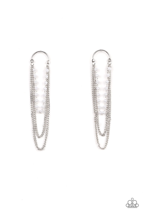 Elegant trestles of dainty white pearls and shimmery silver chains cascade from the bottom of a silver half moon frame, creating a vintage inspired glamour. Earring attaches to a standard post fitting.  Sold as one pair of post earrings.