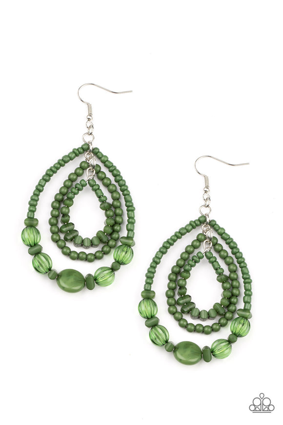 Varying in size and shape, mismatched green stone, seed bead, crystal-like, and faux stone beads are threaded along three dainty wires that connect into a colorful teardrop lure. Earring attaches to a standard fishhook fitting.  Sold as one pair of earrings.