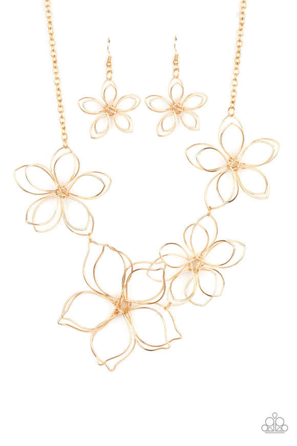 Shiny gold wire delicately twists into oversized blossoms. Varying in size, the airy floral frames delicately link into an asymmetrical display as the layered frames elegantly pop beneath the collar. Features an adjustable clasp closure.  Sold as one individual necklace. Includes one pair of matching earrings.
