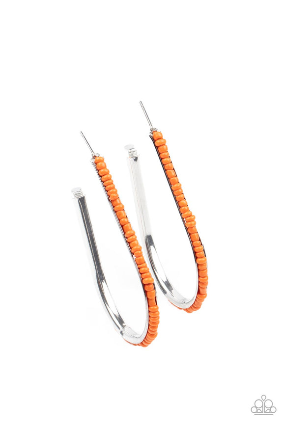 A dainty collection of orange seed beads embellish the beveled spine of a silver hook shaped hoop, creating a trendy pop of color. Hoop measures approximately 1 1/2