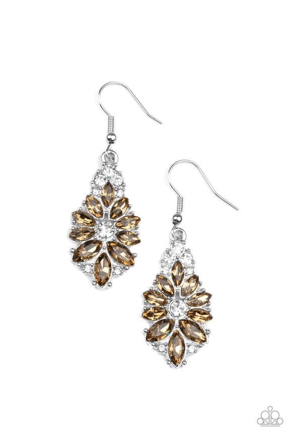 Sprinkled with dainty white rhinestones, an explosion of regal marquise cut golden topaz rhinestones flare out from a solitaire white rhinestone center for a fabulously floral flair. Earring attaches to a standard fishhook fitting.  Sold as one pair of earrings.