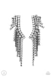 A tapered fringe of dainty gunmetal chains and glittery strands of white rhinestones cascades from the edge of a curving white rhinestone encrusted frame, creating an edgy centerpiece. Features a clip-on fitting at the top for a secure fit.  Sold as one pair of ear crawlers.