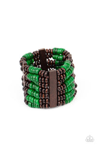 Held together by rectangular wooden frames, rows of brown wooden and distressed Leprechaun discs are threaded along stretchy bands around the wrist for a seasonal pop of color around the wrist.  Sold as one individual bracelet.