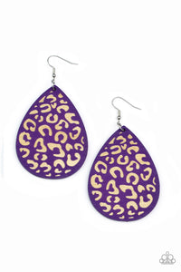 A purple wooden teardrop frame is etched in a cheetah-like pattern, creating a wildly fabulous fashion. Earring attaches to a standard fishhook fitting.  Sold as one pair of earrings.