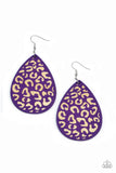 A purple wooden teardrop frame is etched in a cheetah-like pattern, creating a wildly fabulous fashion. Earring attaches to a standard fishhook fitting.  Sold as one pair of earrings.