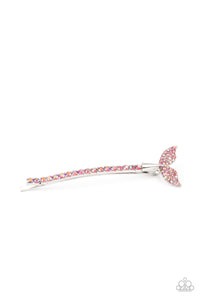 An iridescent pink rhinestone studded mermaid fin adorns the corner of a bobby pin that is adorned in matching iridescent rhinestones for a fairytale finish.  Sold as one individual decorative bobby pin.