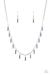 Dotted in stacks of glittery blue rhinestones, dainty silver rectangular frames drip between shiny silver bars along the collar, creating a dainty fringe. Features an adjustable clasp closure.  Sold as one individual necklace. Includes one pair of matching earrings.