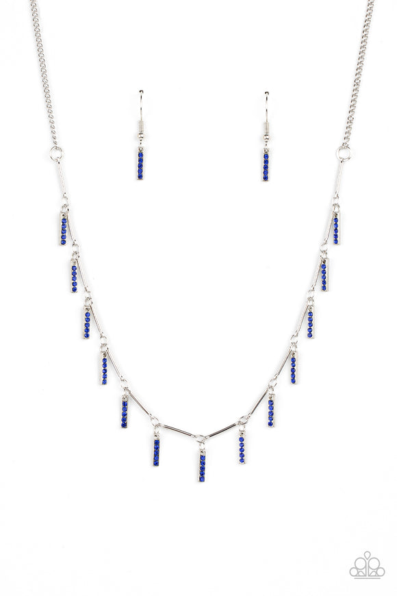 Dotted in stacks of glittery blue rhinestones, dainty silver rectangular frames drip between shiny silver bars along the collar, creating a dainty fringe. Features an adjustable clasp closure.  Sold as one individual necklace. Includes one pair of matching earrings.