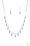 Dotted in stacks of glittery blue rhinestones, dainty silver rectangular frames drip between shiny silver bars along the collar, creating a dainty fringe. Features an adjustable clasp closure.  Sold as one individual necklace. Includes one pair of matching earrings.