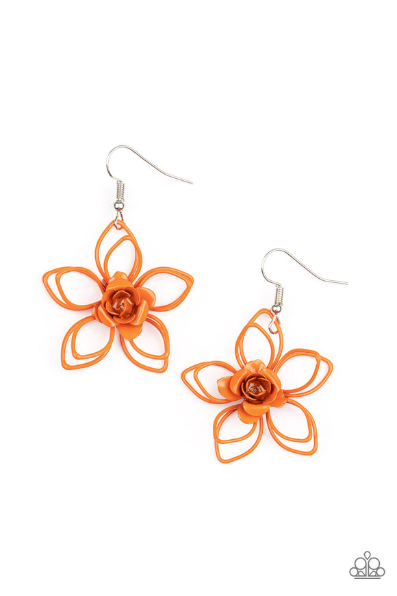 A dainty orange rosebud blooms from the center of a layered orange wire flower, creating a colorful floral frame. Earring attaches to a standard fishhook fitting.  Sold as one pair of earrings.