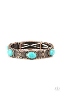 Flanked by copper half moon accents, turquoise stone dotted copper frames are threaded along stretchy bands around the wrist for a rustic flair.  Sold as one individual bracelet.