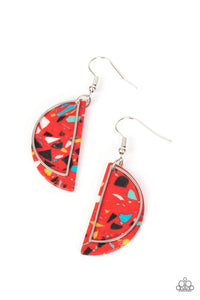 A faux stone semicircle disc, flecked with red and multicolored terrazzo accents, is outlined with a dainty silver half-moon frame swaying in front for a flashy fad-inspired fashion. Earring attaches to a standard fishhook fitting.  Sold as one pair of earrings