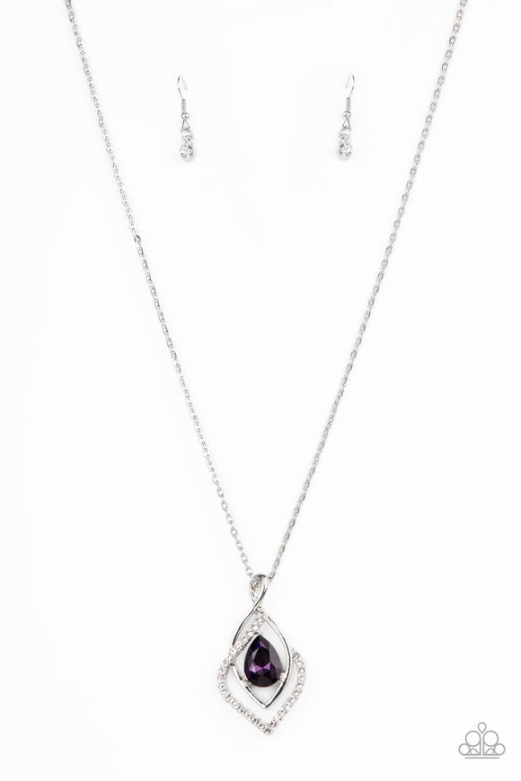 Plain silver and white rhinestone encrusted silver bars asymmetrically swoop and swirl around an oversized purple teardrop gem, creating a dazzling pendant at the bottom of a lengthened silver chain. Features an adjustable clasp closure.  Sold as one individual necklace. Includes one pair of matching earrings.