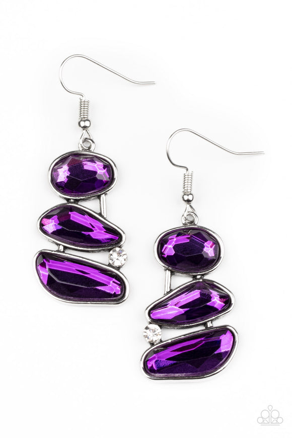 Infused with a solitaire white rhinestone, an asymmetrical series of purple gems delicately stack into an out-of-this-world centerpiece. Earring attaches to a standard fishhook fitting.  Sold as one pair of earrings.