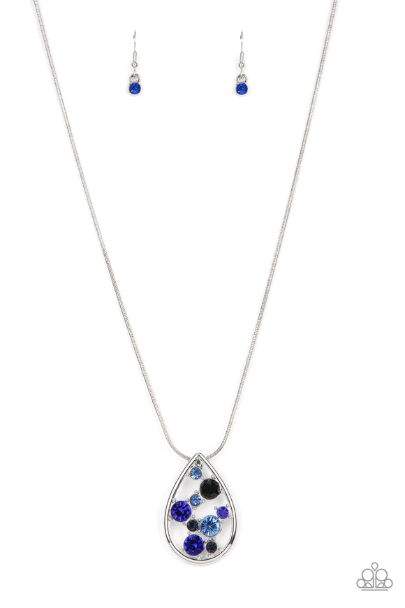A bubbly collection of blue, Mykonos Blue, and Spring Lake rhinestones coalesce inside an airy silver teardrop, resulting in an effervescently elegant pendant at the bottom of a rounded silver snake chain. Features an adjustable clasp closure.  Sold as one individual necklace. Includes one pair of matching earrings.