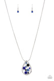 A bubbly collection of blue, Mykonos Blue, and Spring Lake rhinestones coalesce inside an airy silver teardrop, resulting in an effervescently elegant pendant at the bottom of a rounded silver snake chain. Features an adjustable clasp closure.  Sold as one individual necklace. Includes one pair of matching earrings.