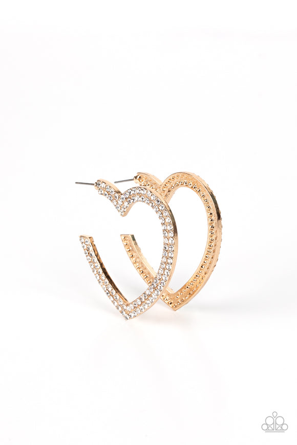 Two rows of blinding white rhinestones are encrusted along the front of a heart shaped gold hoop, creating heart-stopping sparkle. Hoop measures approximately 2