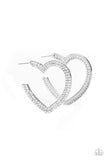 Two rows of blinding white rhinestones are encrusted along the front of a heart shaped silver hoop, creating a heart-stopping sparkle. Hoop measures approximately 2" in diameter. Earring attaches to a standard post fitting.  Sold as one pair of hoop earrings.