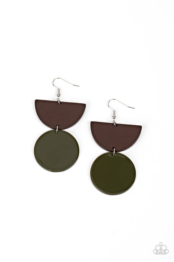 An Olive Branch acrylic disc swings from the bottom of a wooden crescent frame, resulting in a colorful pop of tropical inspiration. Earring attaches to a standard fishhook fitting.  Sold as one pair of earrings.