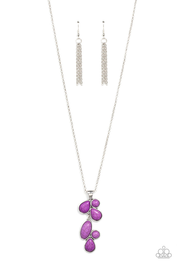 Encased in sleek silver frames, a vivacious collection of purple round, oval, and teardrop frames link into a whimsical pendant at the bottom of an extended silver chain. Features an adjustable clasp closure.  Sold as one individual necklace. Includes one pair of matching earrings.