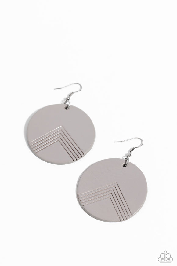 An Ultimate Gray leather disc is etched in an angular geometric accent, creating a modern look. Earring attaches to a standard fishhook fitting.