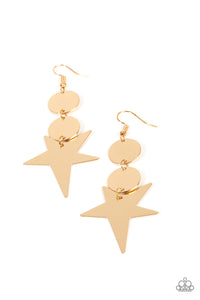 An asymmetrical gold star radiates from two linked flat gold discs, resulting in a stellar lure. Earring attaches to a standard fishhook fitting.  Sold as one pair of earrings.