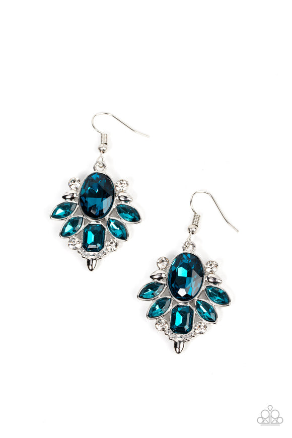 A brilliant blue gem makes a sparkling centerpiece amidst a glitzy fringe of marquise and emerald-cut blue rhinestones resulting in a timeless lure. Earring attaches to a standard fishhook fitting.  Sold as one pair of earrings.