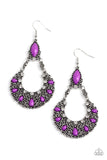 Dotted with purple beads and dainty white rhinestones, a filigree filled silver wreath swings from the bottom of a matching purple bead for a whimsical fashion. Earring attaches to a standard fishhook fitting.  Sold as one pair of earrings.