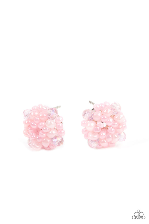 The front of a dainty silver frame is embellished in pearly pink seed beads and pink crystal-like accents, creating a bubbly pop of color. Earring attaches to a standard post fitting.  Sold as one pair of post earrings.
