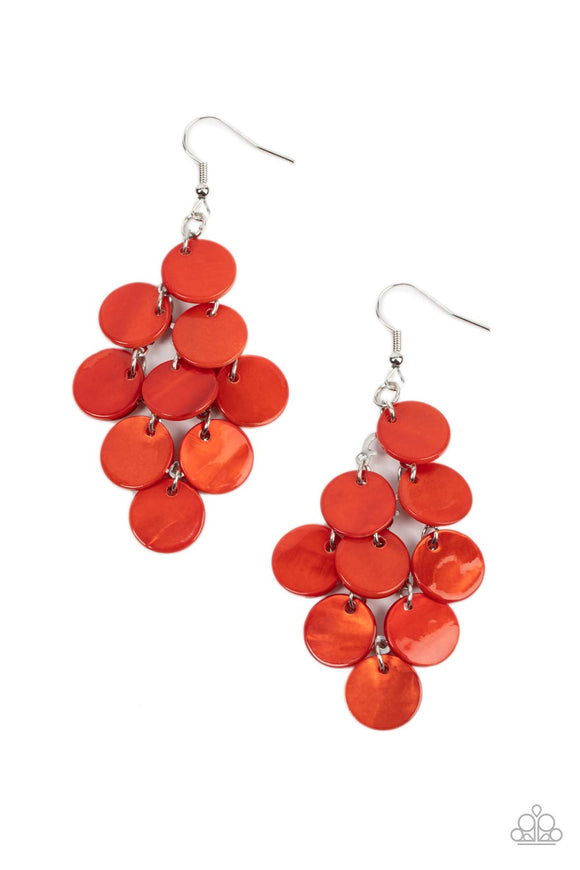 Tiers of Burnt Orange shell-like discs cascade from a silver netted backdrop, resulting in a summery shimmer. Earring attaches to a standard fishhook fitting.  Sold as one pair of earrings.