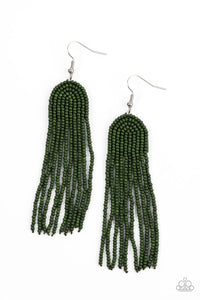 Strands of Olive Branch seed beads gently curve into the arch of a rainbow, resulting in a tasseled bohemian fashion. Earring attaches to a standard fishhook fitting.  Sold as one pair of earrings.