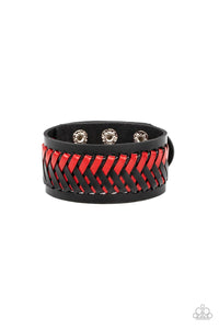 Black and Fire Whirl leather laces decoratively crisscross across the front of a thick black leather band, resulting in a rebellious pop of color around the wrist. Features an adjustable snap closure.  Sold as one individual bracelet.