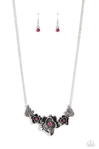 Dainty hematite rhinestones are sprinkled across leafy silver frames that branch out from a trio of mismatched silver floral frames dotted in dainty silver studs and soft fuchsia rhinestones, resulting in a beautiful botanical centerpiece below the collar. Features an adjustable clasp closure.  Sold as one individual necklace. Includes one pair of matching earrings.