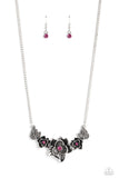 Dainty hematite rhinestones are sprinkled across leafy silver frames that branch out from a trio of mismatched silver floral frames dotted in dainty silver studs and soft fuchsia rhinestones, resulting in a beautiful botanical centerpiece below the collar. Features an adjustable clasp closure.  Sold as one individual necklace. Includes one pair of matching earrings.