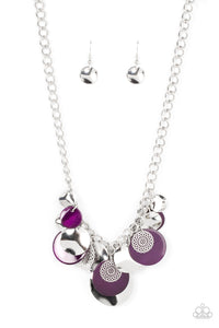 A summery collection of bent silver discs, plum shell-like discs, and silver mandala-like accents cascades from a pair of layered silver chains, resulting in a bubbly and boisterous fringe below the collar. Features an adjustable clasp closure.  Sold as one individual necklace. Includes one pair of matching earrings.