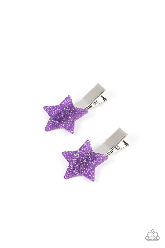 Sprinkled in glitter, a pair of purple acrylic stars pull back the hair for a stellar fashion. Features standard hair clips on the back.  Sold as one pair of hair clips.
