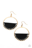 White cording is threaded through the bottom of a half moon piece of black leather, anchoring the earthy accent in place inside a glistening gold hoop for an earthy flair. Earring attaches to a standard fishhook fitting.   Featured inside The Preview at GLOW! Sold as one pair of earrings.