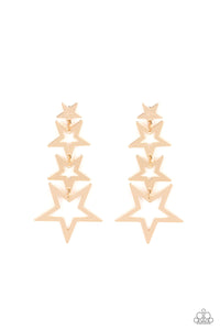 Flat gold star frames gradually increase in size as they delicately link into a stellar tassel, resulting in an out-of-this-world fashion. Earring attaches to a standard post fitting.  Sold as one pair of post earrings.