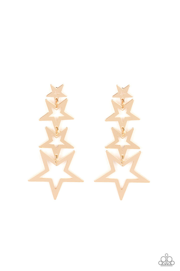 Flat gold star frames gradually increase in size as they delicately link into a stellar tassel, resulting in an out-of-this-world fashion. Earring attaches to a standard post fitting.  Sold as one pair of post earrings.