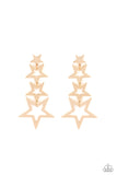 Flat gold star frames gradually increase in size as they delicately link into a stellar tassel, resulting in an out-of-this-world fashion. Earring attaches to a standard post fitting.  Sold as one pair of post earrings.