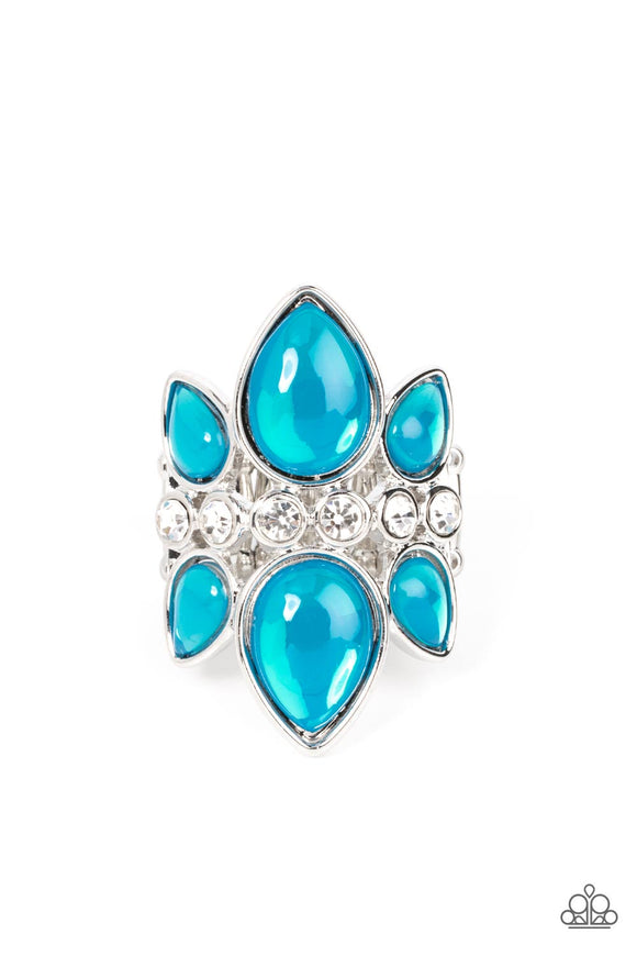 Crowns of glassy blue teardrop beads fan out from a center of glassy white rhinestones, coalescing into an ethereal centerpiece atop the finger. Features a stretchy band for a flexible fit.  Sold as one individual ring.