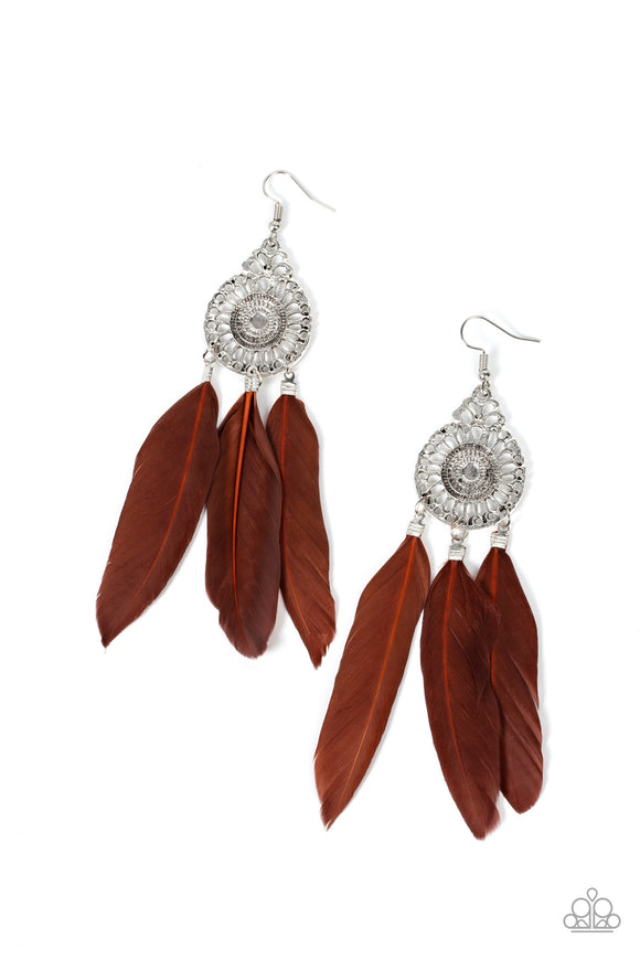 Three brown feathers swing from the bottom of a dizzying silver frame featuring airy filigree detail, resulting in a flirtatiously colorful fringe. Earring attaches to a standard fishhook fitting.  Sold as one pair of earrings.