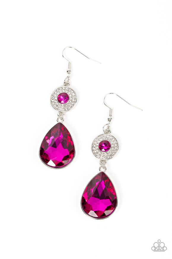 Dotted with a solitaire Fuchsia Fedora rhinestone, a white rhinestone encrusted silver disc gives way to an oversized teardrop Fuchsia Fedora gem, resulting in a glamorous lure. Earring attaches to a standard fishhook fitting.  Sold as one pair of earrings.